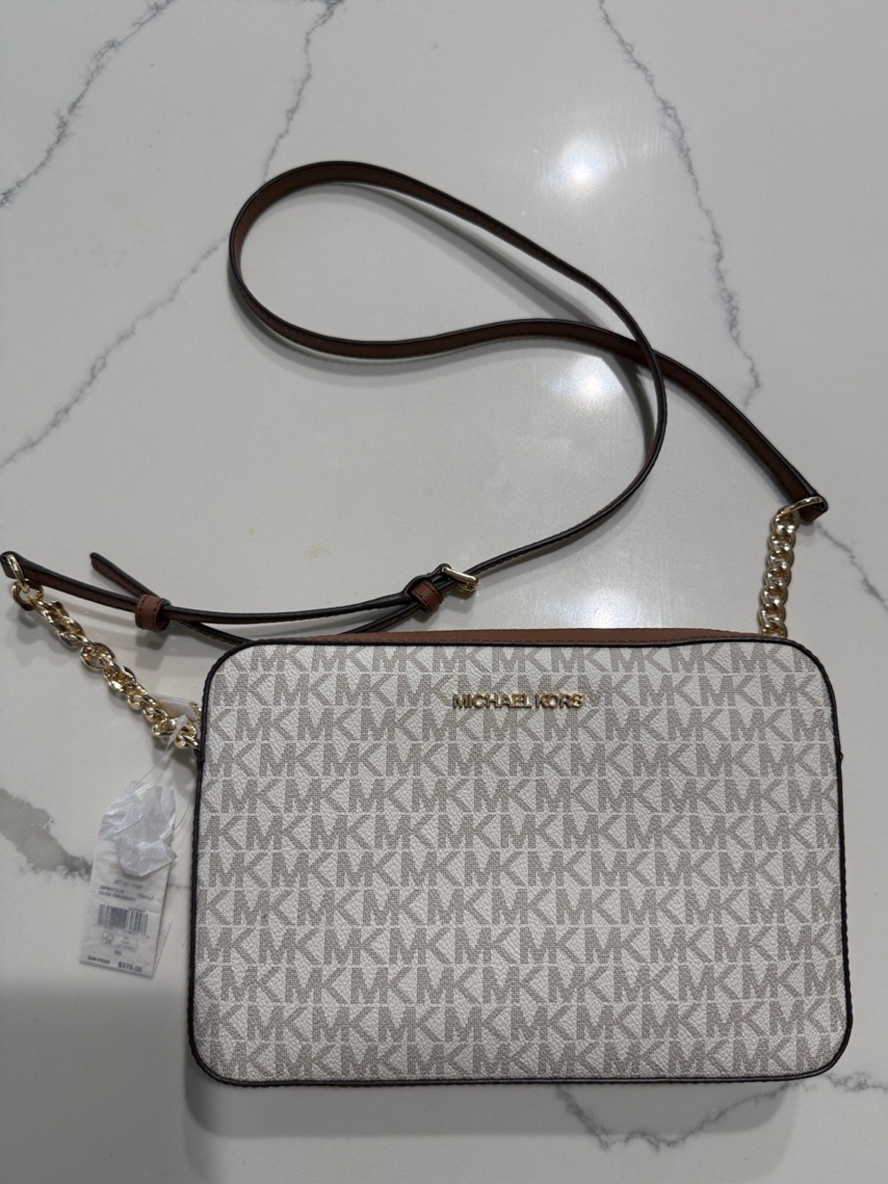 Michael Kors Signature MK Logo Crossbody in Vanilla and Brown